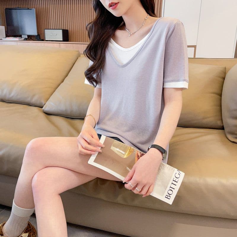 실사 2026 여름 60 면 40 폴리 에스터 눈꽃 면 페이크 레이어드 반팔 티셔츠 여성 상세 이미지 28
