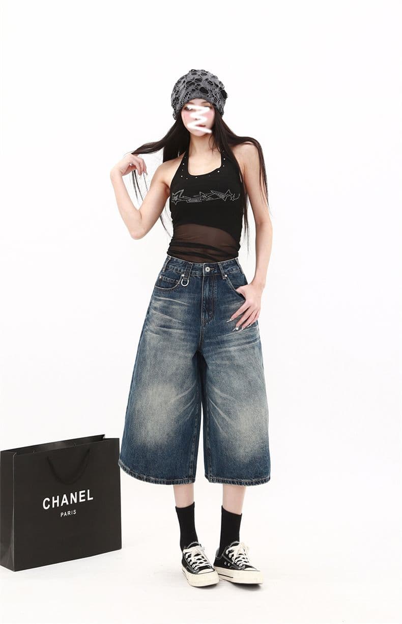 패션 레트로 주름 디자인 청바지 여성 여름 새로운 하이웨이스트 슬림해 보이는 루즈핏 다용도 넓은 다리 7부 바지 상세 이미지 13