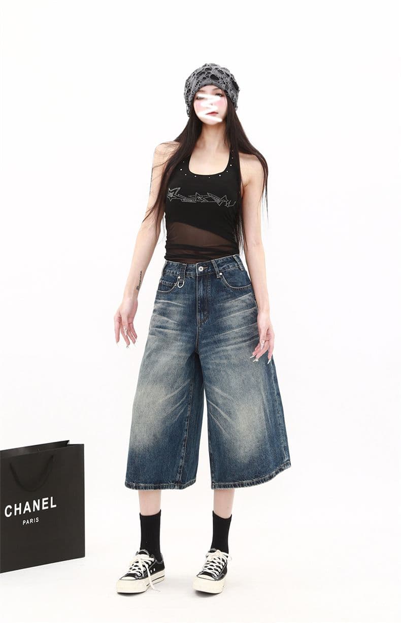 패션 레트로 주름 디자인 청바지 여성 여름 새로운 하이웨이스트 슬림해 보이는 루즈핏 다용도 넓은 다리 7부 바지 상세 이미지 14