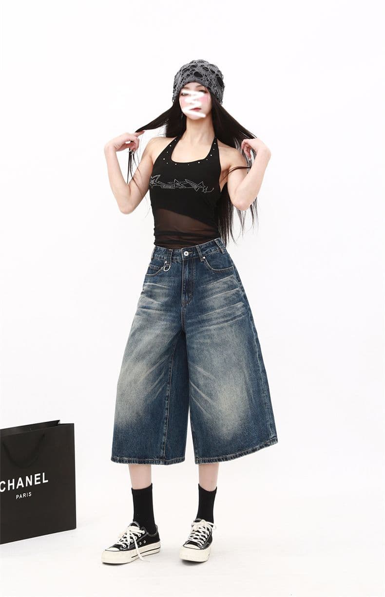 패션 레트로 주름 디자인 청바지 여성 여름 새로운 하이웨이스트 슬림해 보이는 루즈핏 다용도 넓은 다리 7부 바지 상세 이미지 15