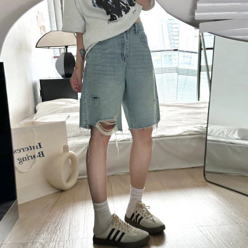 찢어진 부분 데님 반바지 여성 여름 새로운 지방 mm 빅 사이즈 하이웨이스트 루즈핏 슬림해 보이는 스트레이트 5 점 와이드 레그 팬츠 ins