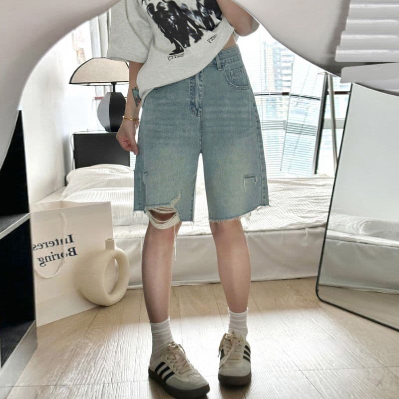 찢어진 부분 데님 반바지 여성 여름 새로운 지방 mm 빅 사이즈 하이웨이스트 루즈핏 슬림해 보이는 스트레이트 5 점 와이드 레그 팬츠 ins 이미지 3