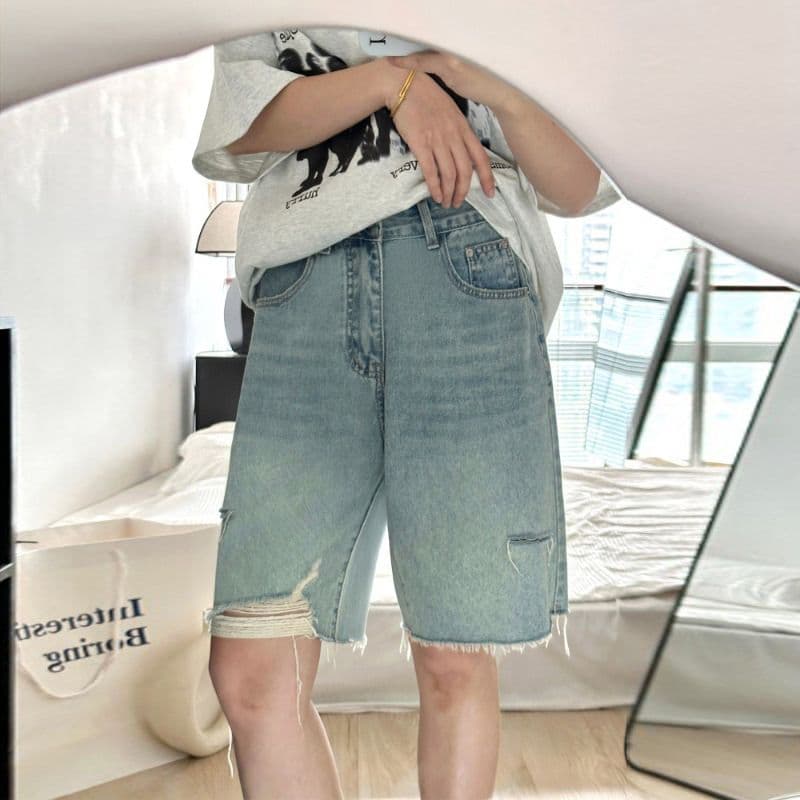 찢어진 부분 데님 반바지 여성 여름 새로운 지방 mm 빅 사이즈 하이웨이스트 루즈핏 슬림해 보이는 스트레이트 5 점 와이드 레그 팬츠 ins 이미지 4