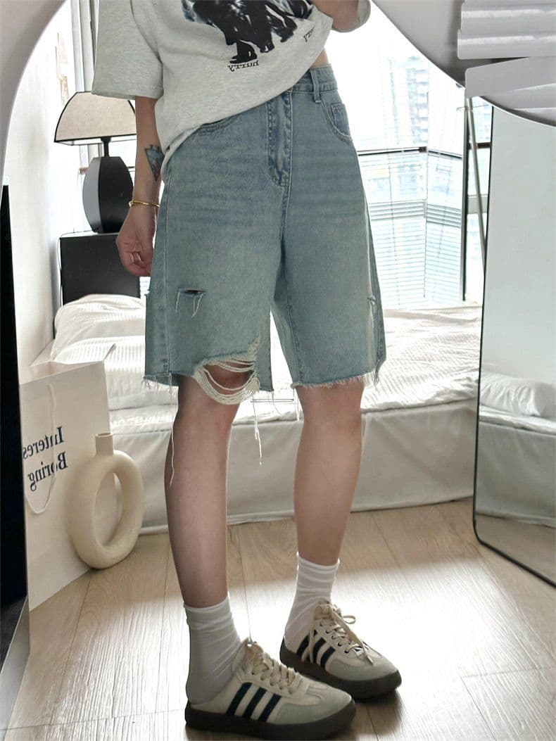찢어진 부분 데님 반바지 여성 여름 새로운 지방 mm 빅 사이즈 하이웨이스트 루즈핏 슬림해 보이는 스트레이트 5 점 와이드 레그 팬츠 ins 상세 이미지 3