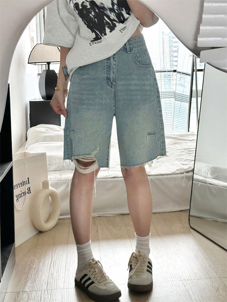 찢어진 부분 데님 반바지 여성 여름 새로운 지방 mm 빅 사이즈 하이웨이스트 루즈핏 슬림해 보이는 스트레이트 5 점 와이드 레그 팬츠 ins 상세 이미지 4