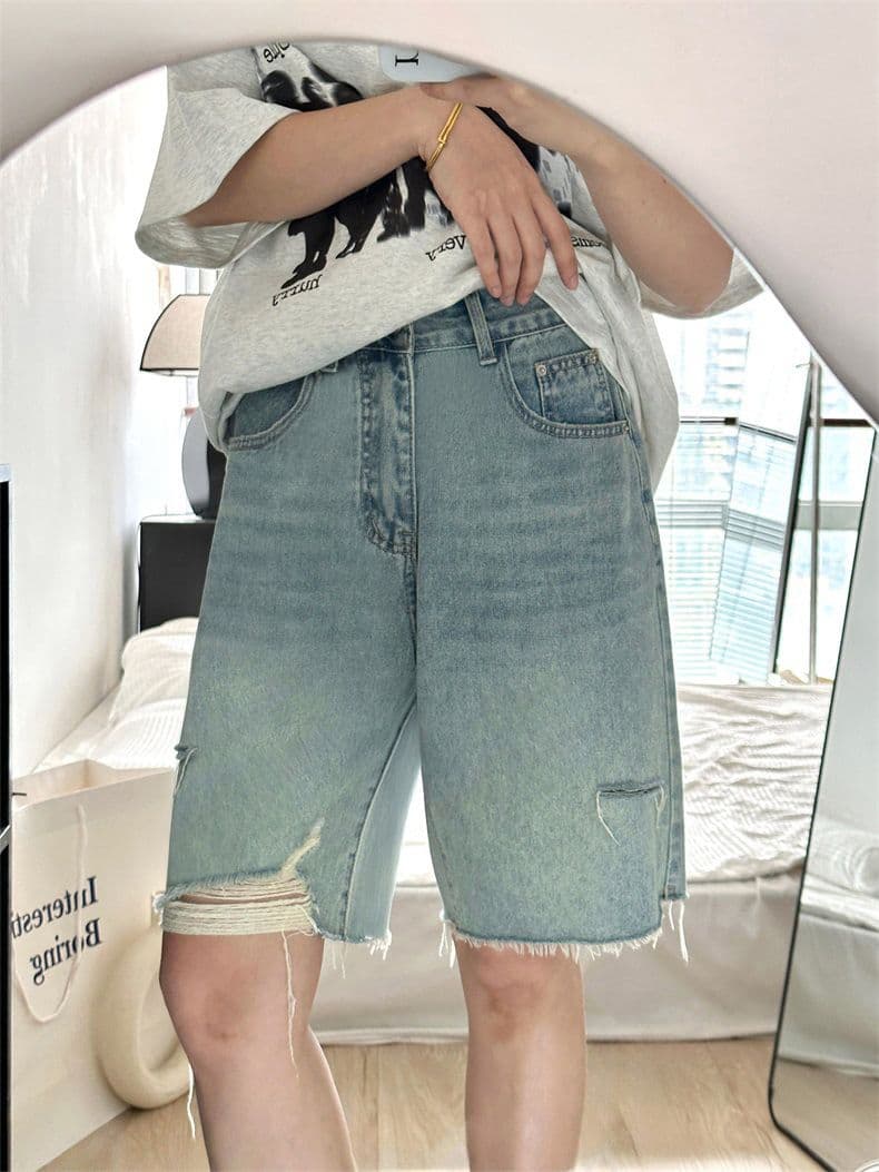 찢어진 부분 데님 반바지 여성 여름 새로운 지방 mm 빅 사이즈 하이웨이스트 루즈핏 슬림해 보이는 스트레이트 5 점 와이드 레그 팬츠 ins 상세 이미지 5