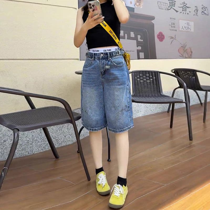 작은 키 디자인 센스 하이웨이스트 데님 반바지 여성 여름 새로운 배 모양 루즈핏 슬림해 보이는 스트레이트 넓은 다리 오부 바지 이미지 3