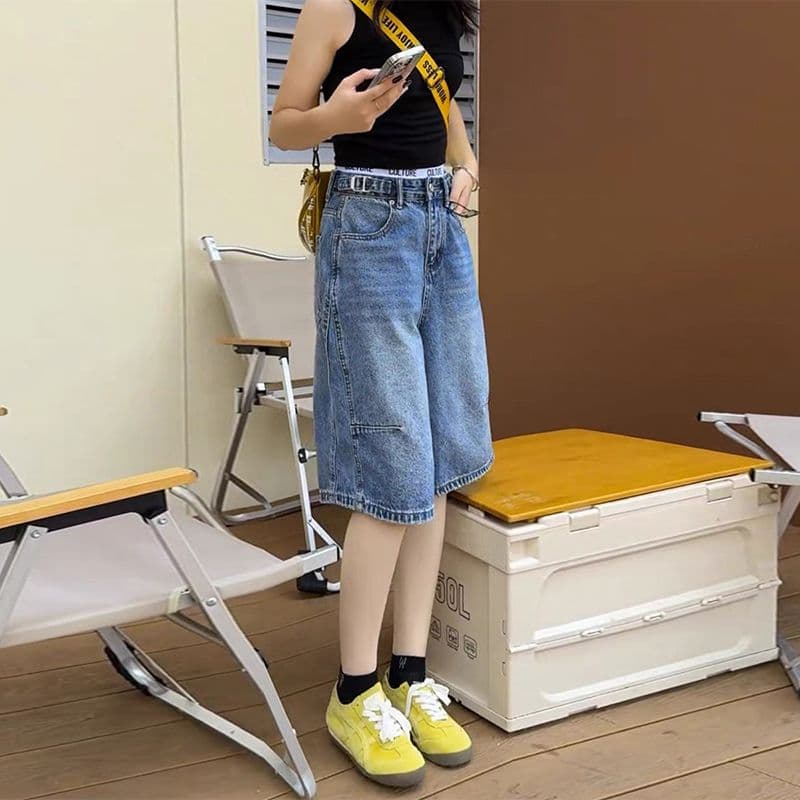 작은 키 디자인 센스 하이웨이스트 데님 반바지 여성 여름 새로운 배 모양 루즈핏 슬림해 보이는 스트레이트 넓은 다리 오부 바지 이미지 5
