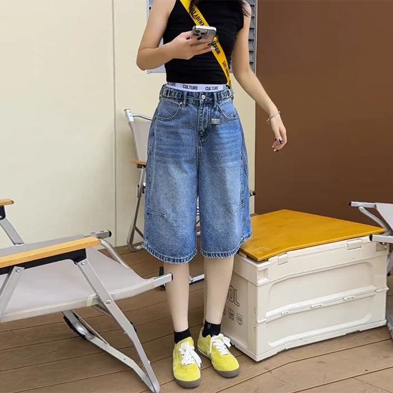 작은 키 디자인 센스 하이웨이스트 데님 반바지 여성 여름 새로운 배 모양 루즈핏 슬림해 보이는 스트레이트 넓은 다리 오부 바지 이미지 2