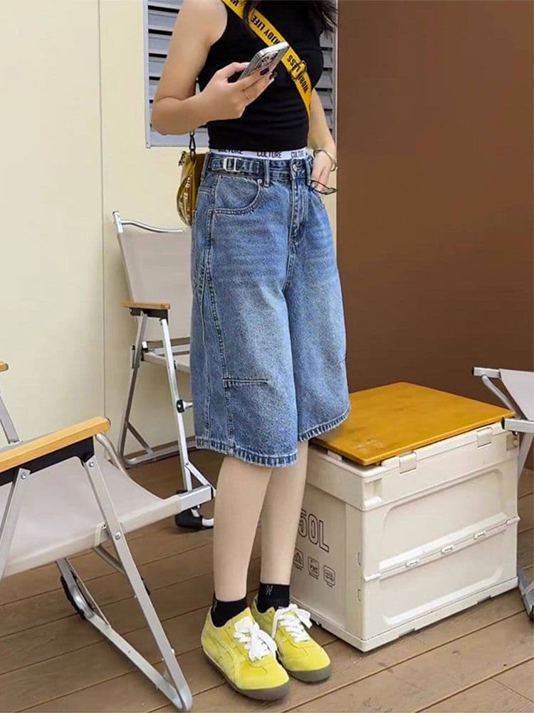 작은 키 디자인 센스 하이웨이스트 데님 반바지 여성 여름 새로운 배 모양 루즈핏 슬림해 보이는 스트레이트 넓은 다리 오부 바지 상세 이미지 10