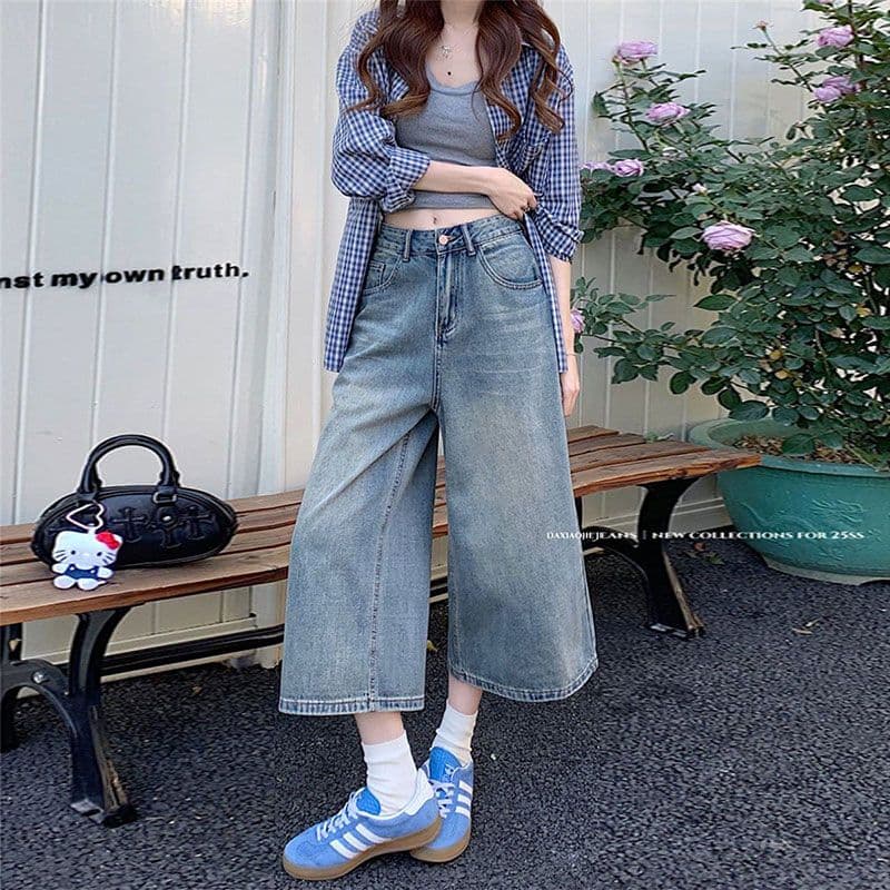 데님 반바지 여성 여름 섹션 얇은 스타일 스트레이트 빅 사이즈 지방 mm 좁은 에디션 슬림해 보이는 하이웨이스트 루즈핏 넓은 다리 7 점 바지