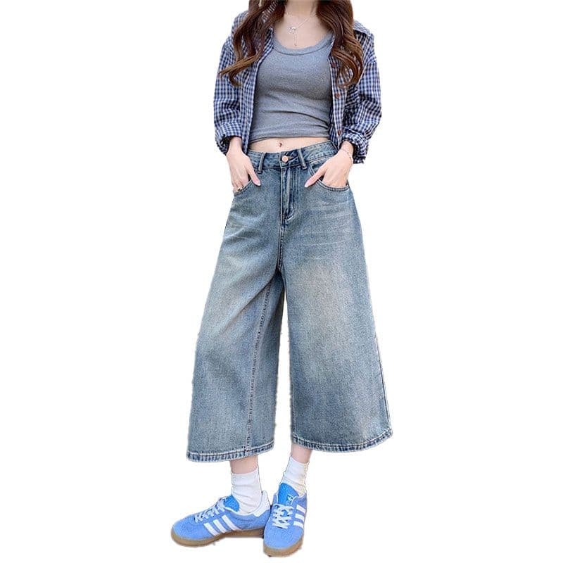 데님 반바지 여성 여름 섹션 얇은 스타일 스트레이트 빅 사이즈 지방 mm 좁은 에디션 슬림해 보이는 하이웨이스트 루즈핏 넓은 다리 7 점 바지 이미지 5