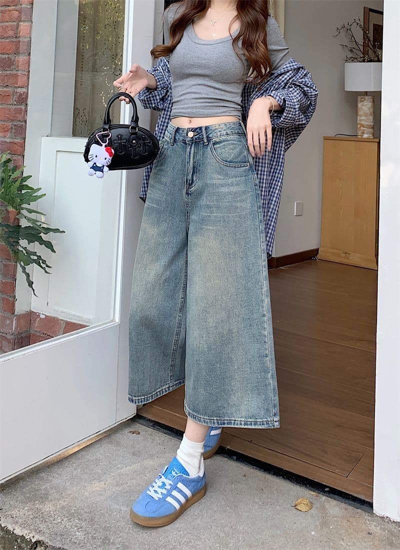 데님 반바지 여성 여름 섹션 얇은 스타일 스트레이트 빅 사이즈 지방 mm 좁은 에디션 슬림해 보이는 하이웨이스트 루즈핏 넓은 다리 7 점 바지 상세 이미지 11