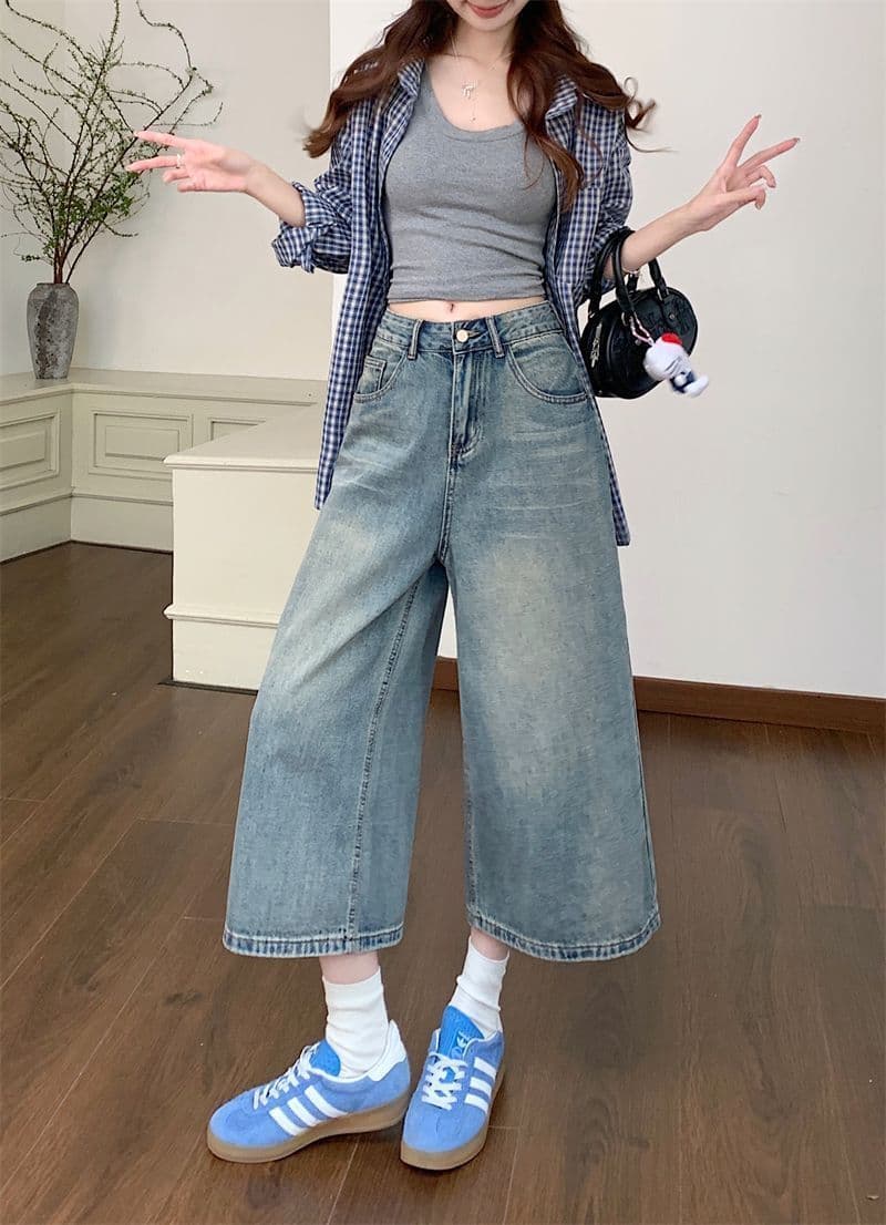 데님 반바지 여성 여름 섹션 얇은 스타일 스트레이트 빅 사이즈 지방 mm 좁은 에디션 슬림해 보이는 하이웨이스트 루즈핏 넓은 다리 7 점 바지 상세 이미지 13