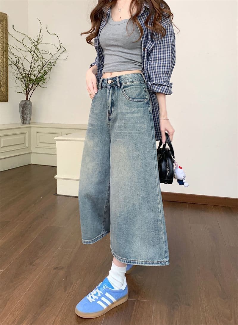 데님 반바지 여성 여름 섹션 얇은 스타일 스트레이트 빅 사이즈 지방 mm 좁은 에디션 슬림해 보이는 하이웨이스트 루즈핏 넓은 다리 7 점 바지 상세 이미지 15