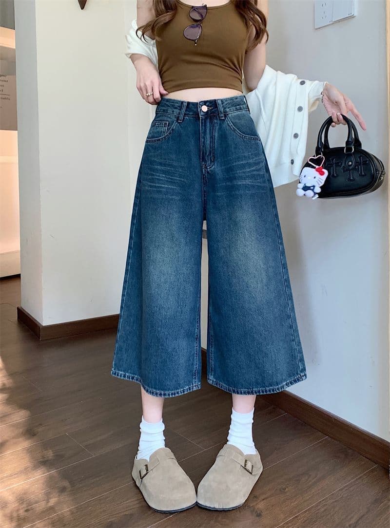 데님 반바지 여성 여름 섹션 얇은 스타일 스트레이트 빅 사이즈 지방 mm 좁은 에디션 슬림해 보이는 하이웨이스트 루즈핏 넓은 다리 7 점 바지 상세 이미지 31