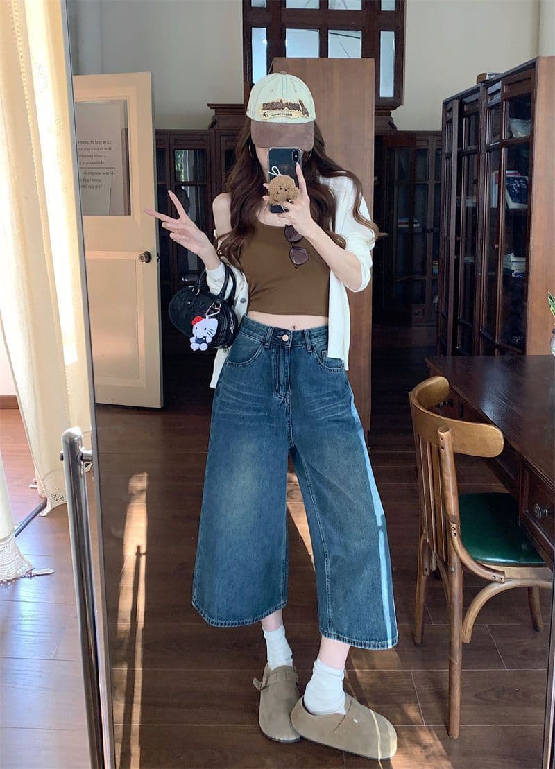 데님 반바지 여성 여름 섹션 얇은 스타일 스트레이트 빅 사이즈 지방 mm 좁은 에디션 슬림해 보이는 하이웨이스트 루즈핏 넓은 다리 7 점 바지 상세 이미지 33