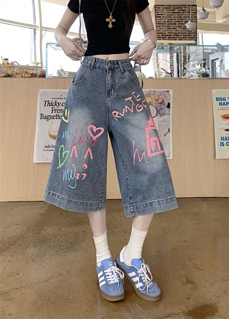 밝은색 고급 센스 빅 사이즈 7부 바지 낙서 디자인 데님 여성 여름 새로운 높음 거리 작은 대중 루즈핏 반바지 트렌디 상세 이미지 6