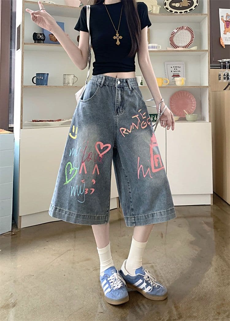 밝은색 고급 센스 빅 사이즈 7부 바지 낙서 디자인 데님 여성 여름 새로운 높음 거리 작은 대중 루즈핏 반바지 트렌디 상세 이미지 9