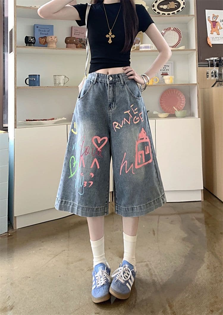 밝은색 고급 센스 빅 사이즈 7부 바지 낙서 디자인 데님 여성 여름 새로운 높음 거리 작은 대중 루즈핏 반바지 트렌디 상세 이미지 10