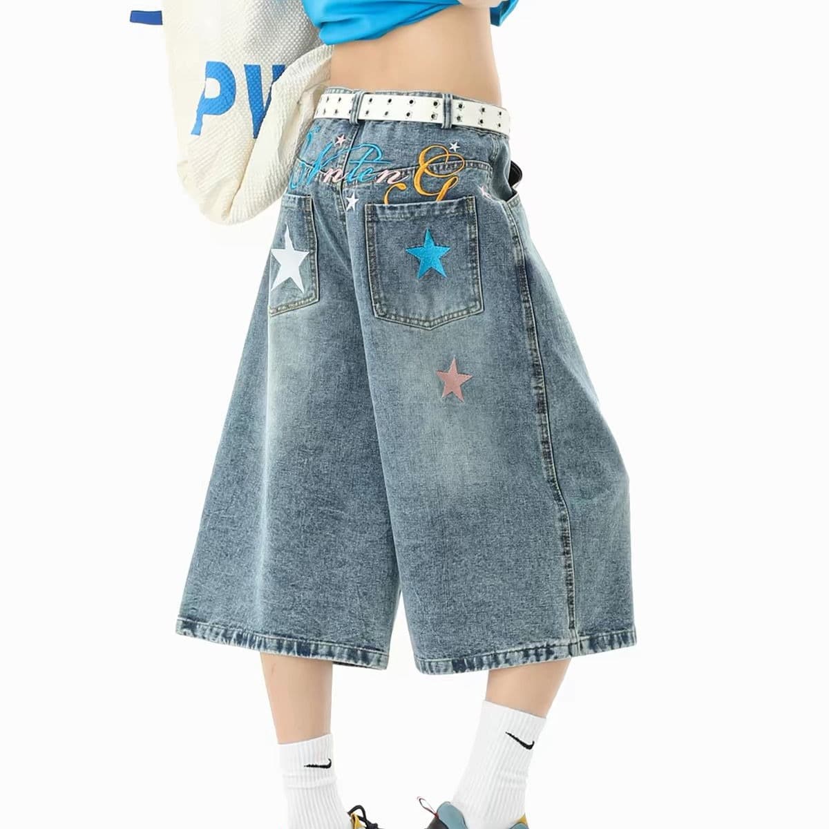 아메리칸 별 데님 반바지 남녀 여름 높음 거리 꽃 몸 자수 7 점 바지 vibe 루즈핏 넓은 다리 바지 이미지 5
