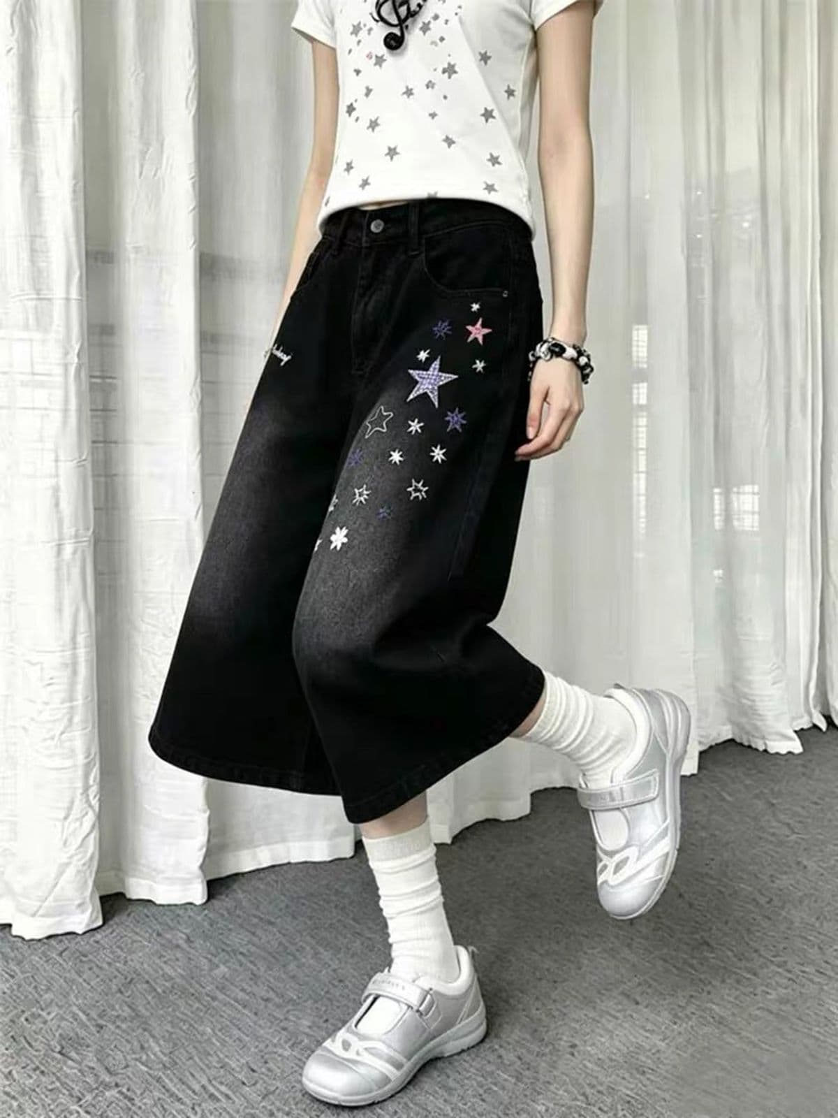 아메리칸 핫걸 별 자수 넓은 다리 데님 반바지 여성 여름 새로운 루즈핏 캐주얼 슬림해 보이는 7부 바지 바지 이미지 4