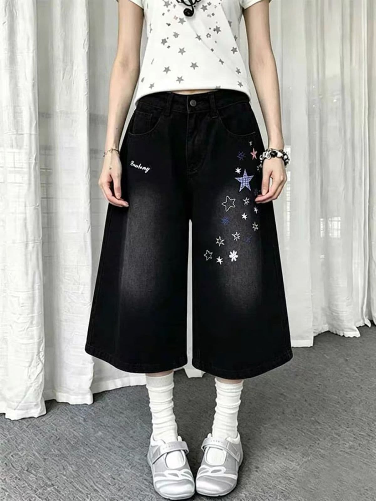 아메리칸 핫걸 별 자수 넓은 다리 데님 반바지 여성 여름 새로운 루즈핏 캐주얼 슬림해 보이는 7부 바지 바지 상세 이미지 1
