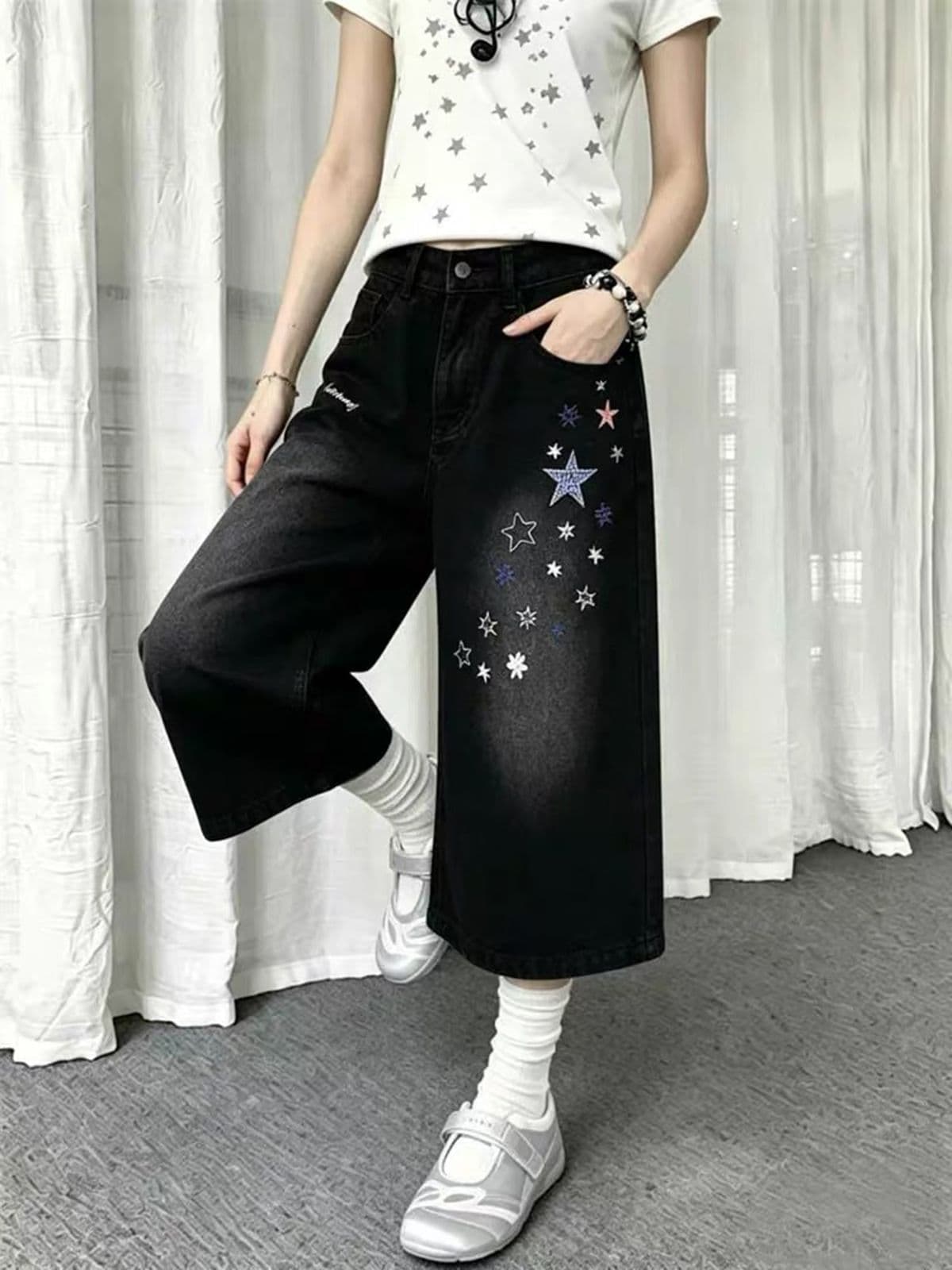 아메리칸 핫걸 별 자수 넓은 다리 데님 반바지 여성 여름 새로운 루즈핏 캐주얼 슬림해 보이는 7부 바지 바지 상세 이미지 2