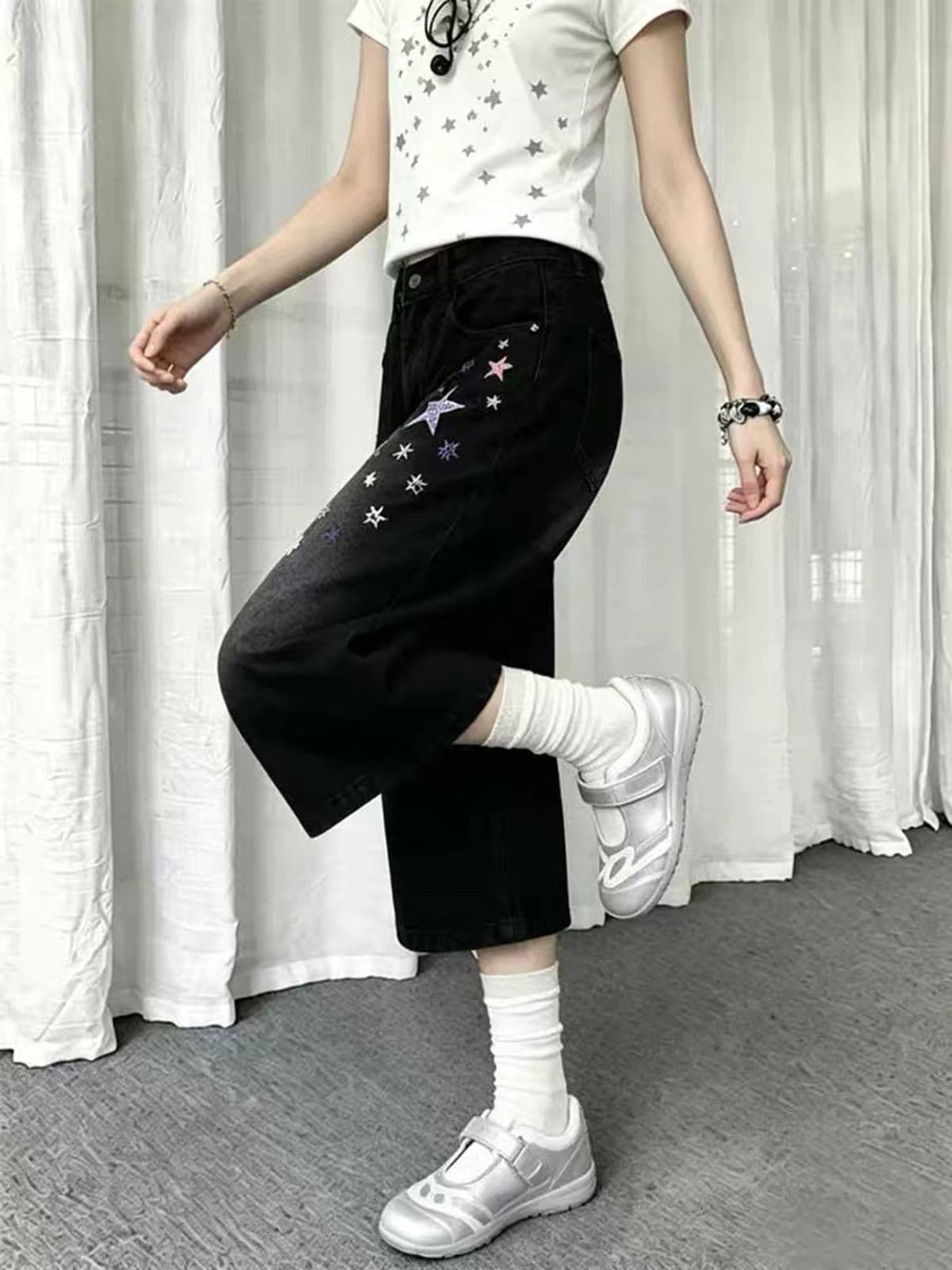 아메리칸 핫걸 별 자수 넓은 다리 데님 반바지 여성 여름 새로운 루즈핏 캐주얼 슬림해 보이는 7부 바지 바지 상세 이미지 4