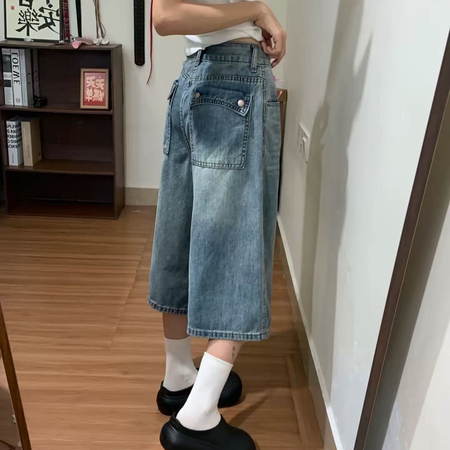 아메리칸 레트로 블루 7 점 데님 반바지 여성 여름 새로운 작은 키 하이웨이스트 디자인 센스 느슨함 넓은 다리 바지 이미지 5