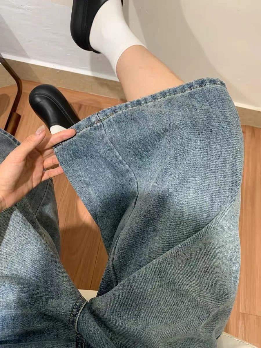 아메리칸 레트로 블루 7 점 데님 반바지 여성 여름 새로운 작은 키 하이웨이스트 디자인 센스 느슨함 넓은 다리 바지 상세 이미지 4