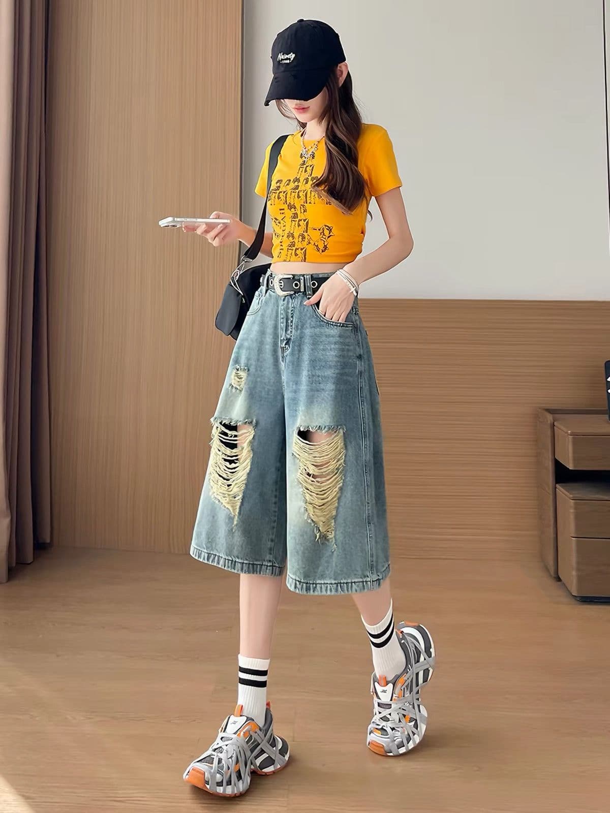 아메리칸 레트로 찢어진 부분 7 점 청바지 여성 여름 새로운 마 오래된 디자인 센스 루즈핏 캐주얼 넓은 다리 중 바지 상세 이미지 5