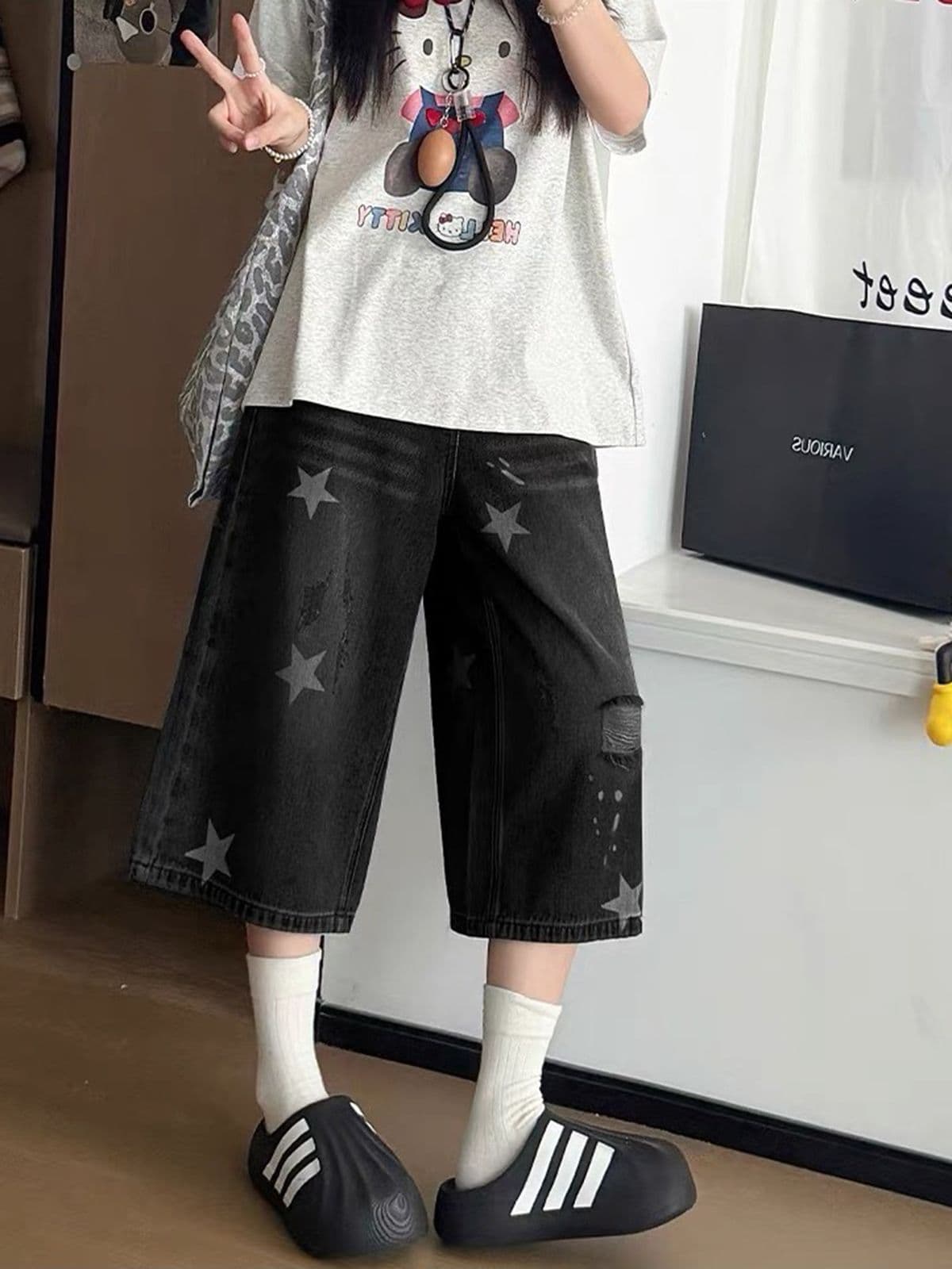 아메리칸 레트로 별 프린트 검정색 데님 7부 바지 2026 여름 새로운 루즈핏 슬림해 보이는 캐주얼 짧은 바지 상세 이미지 5
