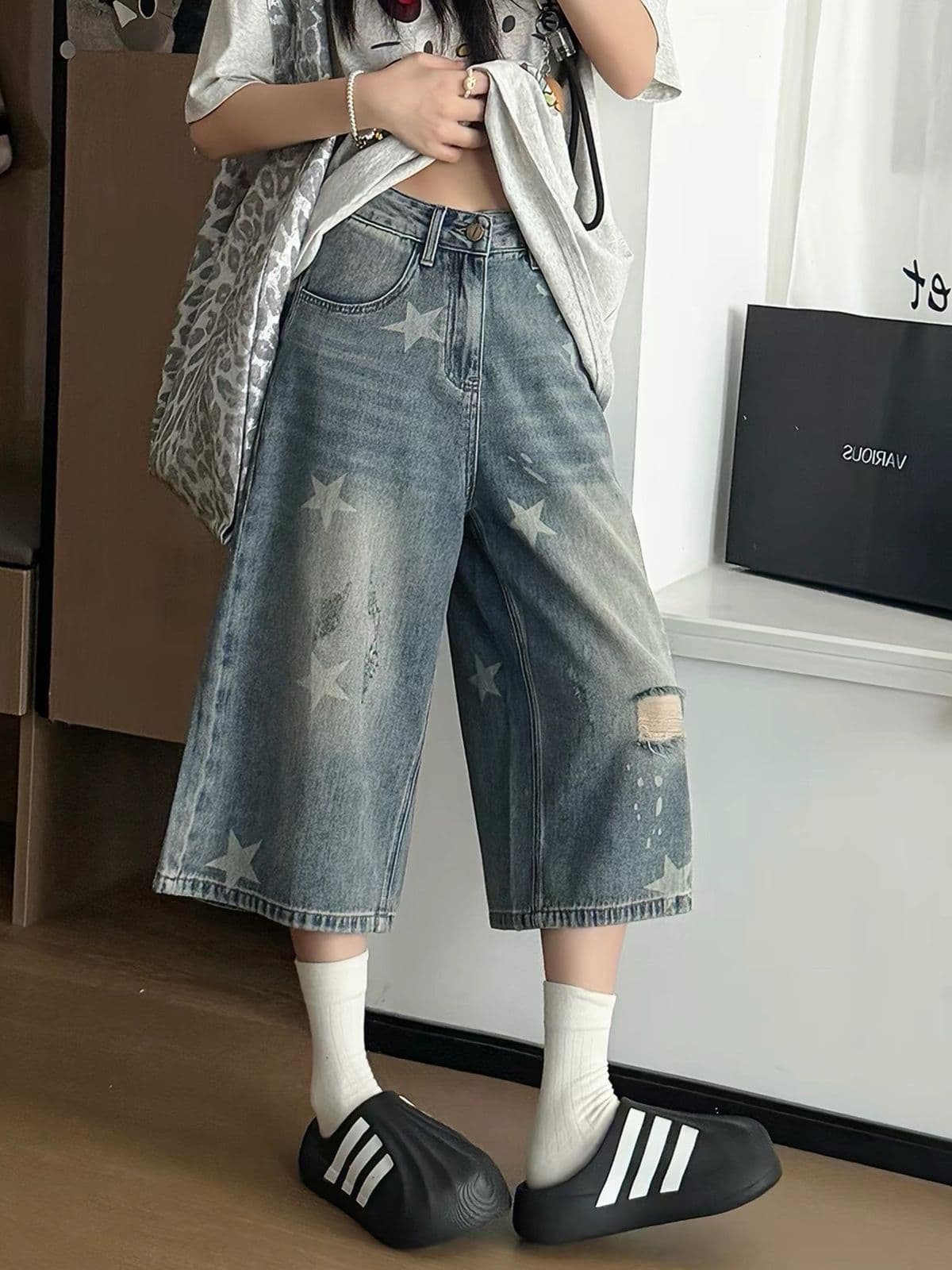 아메리칸 레트로 별 프린트 검정색 데님 7부 바지 2026 여름 새로운 루즈핏 슬림해 보이는 캐주얼 짧은 바지 상세 이미지 8