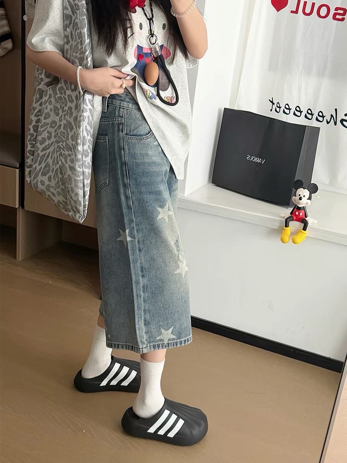 아메리칸 레트로 별 프린트 검정색 데님 7부 바지 2026 여름 새로운 루즈핏 슬림해 보이는 캐주얼 짧은 바지 상세 이미지 10