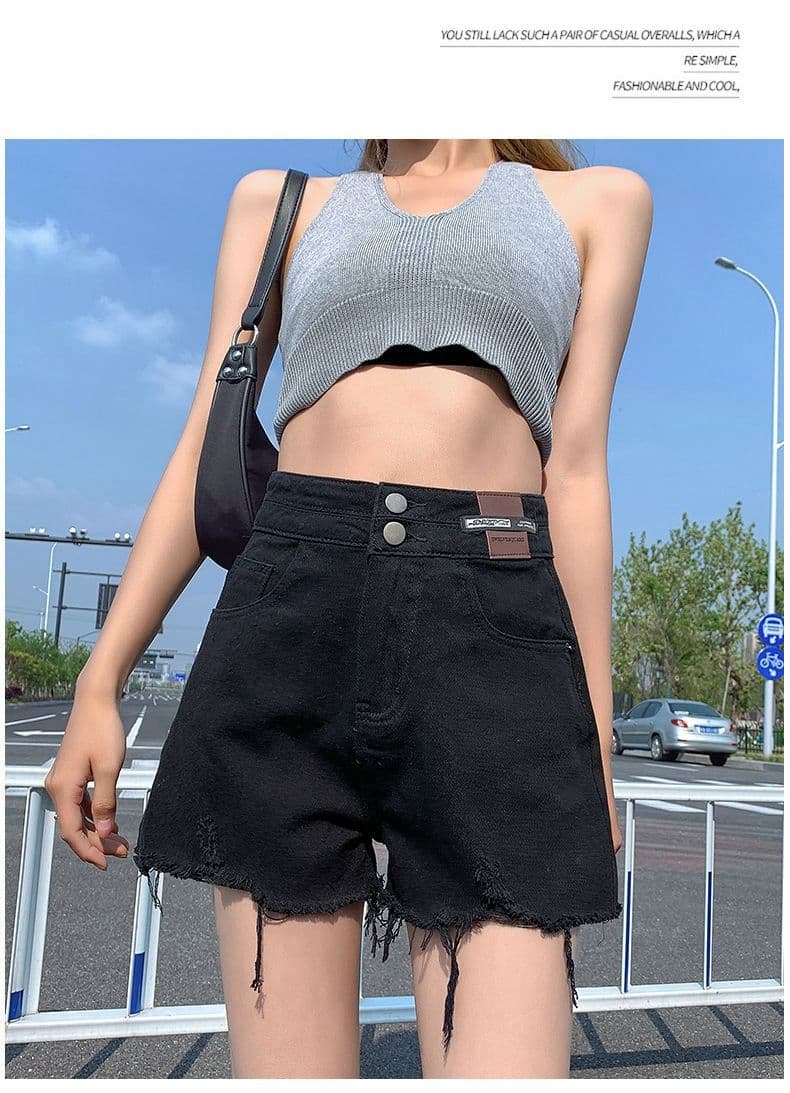 ins 새로운 거친 가장자리 하이웨이스트 데님 반바지 여성 여름 한국 스타일 찢어진 부분 캐주얼 루즈핏 슬림해 보이는 넓은 다리 한 마디 핫 바지 상세 이미지 13