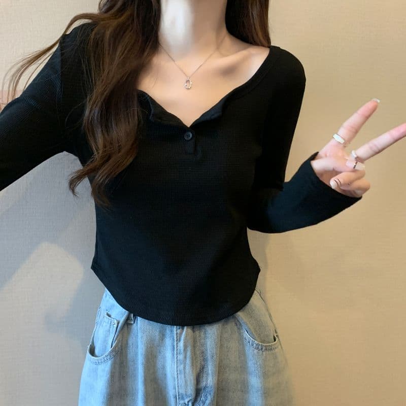 가을 의상 디자인 센스 곡선 V넥 긴팔 티셔츠 여성 한국 스타일 몸매 가꾸기 핫걸 표지 고기 슬림해 보이는 맨위 빅 사이즈 m-4xl 상세 이미지 5
