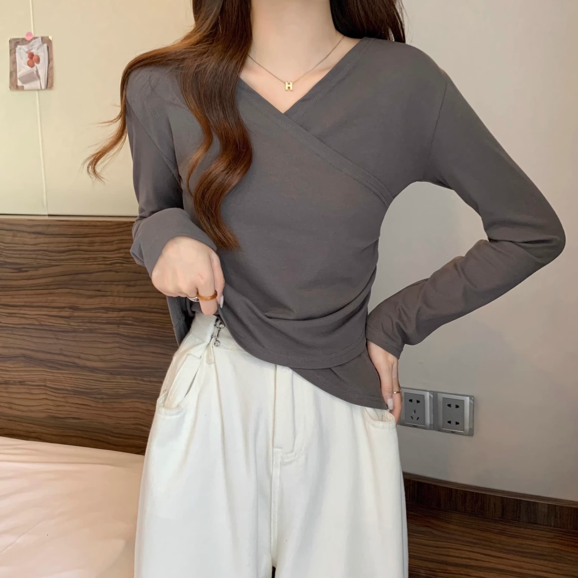 40 92 면 8 암모니아 Lun 210 그램 흔들어서 톤 품질 블랙 표준 빅 사이즈 여성 의류 긴팔 티셔츠 기본 셔츠 여성 봄 가을 ins 이미지 4