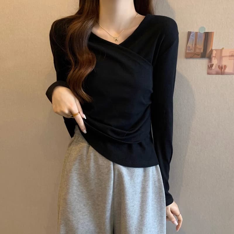 40 92 면 8 암모니아 Lun 210 그램 흔들어서 톤 품질 블랙 표준 빅 사이즈 여성 의류 긴팔 티셔츠 기본 셔츠 여성 봄 가을 ins 이미지 2