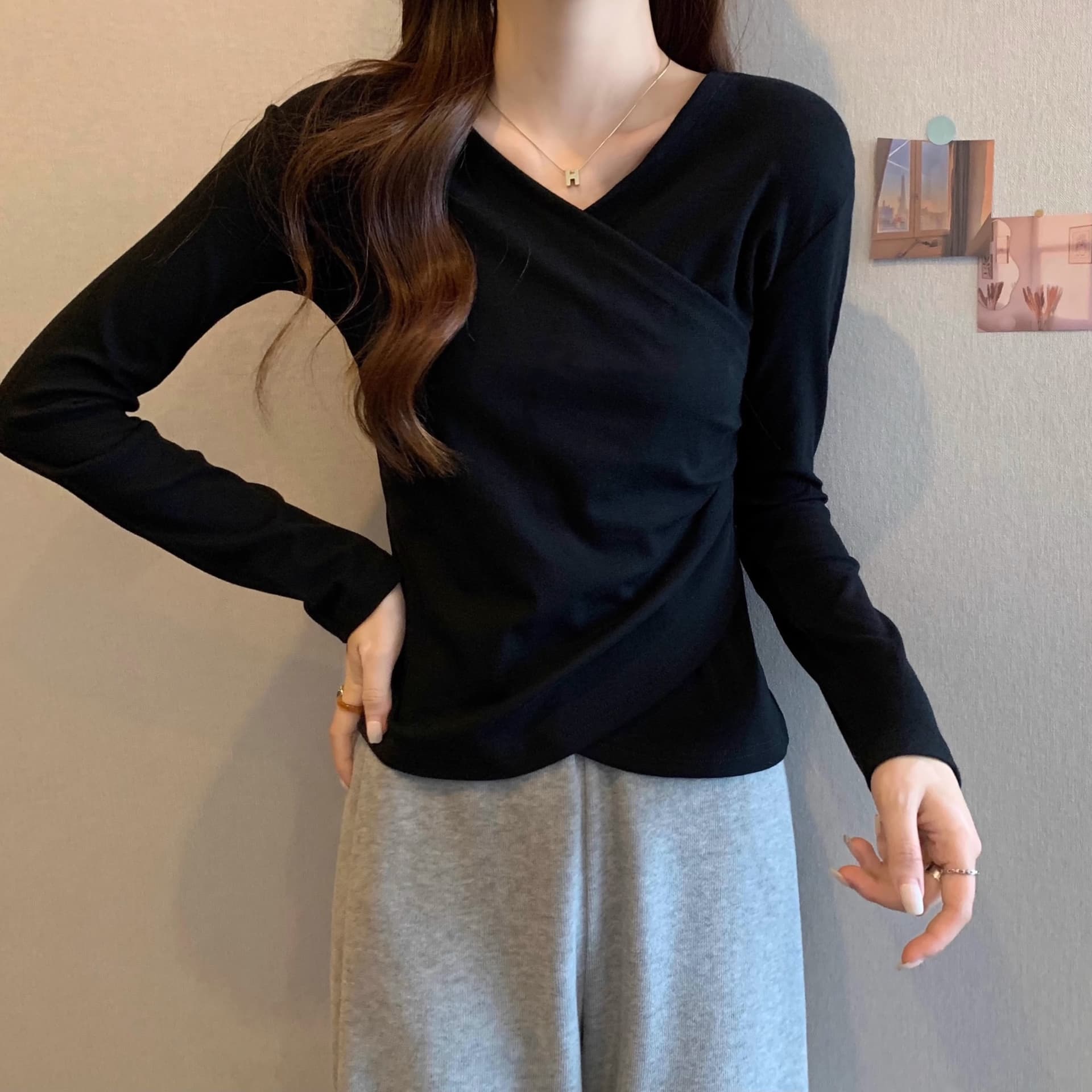 40 92 면 8 암모니아 Lun 210 그램 흔들어서 톤 품질 블랙 표준 빅 사이즈 여성 의류 긴팔 티셔츠 기본 셔츠 여성 봄 가을 ins 상세 이미지 2