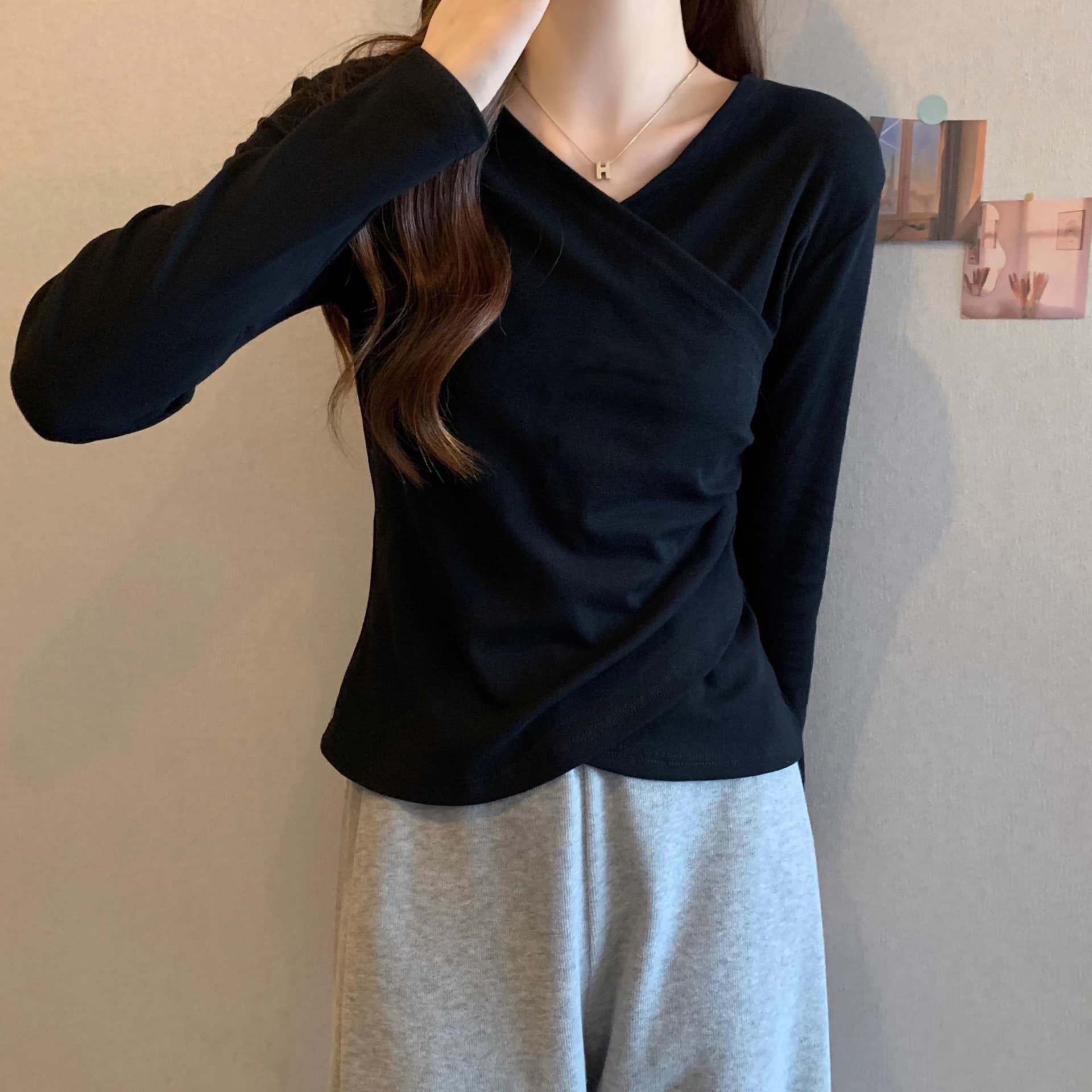 40 92 면 8 암모니아 Lun 210 그램 흔들어서 톤 품질 블랙 표준 빅 사이즈 여성 의류 긴팔 티셔츠 기본 셔츠 여성 봄 가을 ins 상세 이미지 3