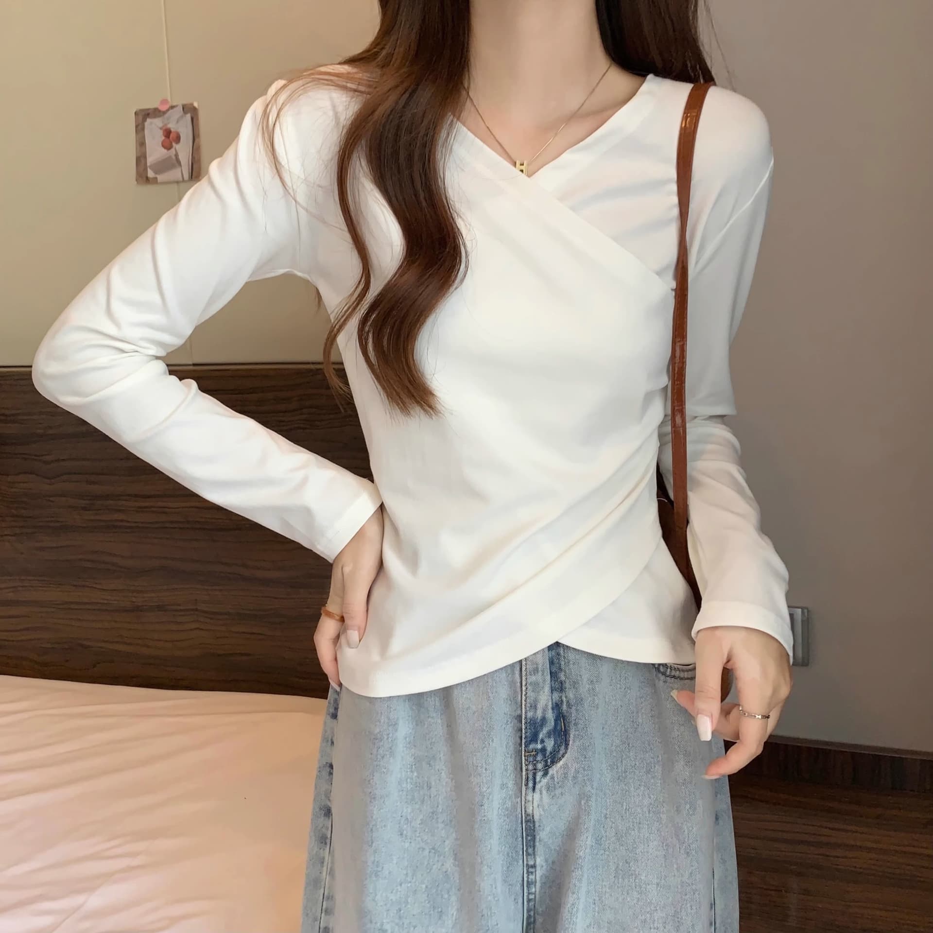 40 92 면 8 암모니아 Lun 210 그램 흔들어서 톤 품질 블랙 표준 빅 사이즈 여성 의류 긴팔 티셔츠 기본 셔츠 여성 봄 가을 ins 상세 이미지 5