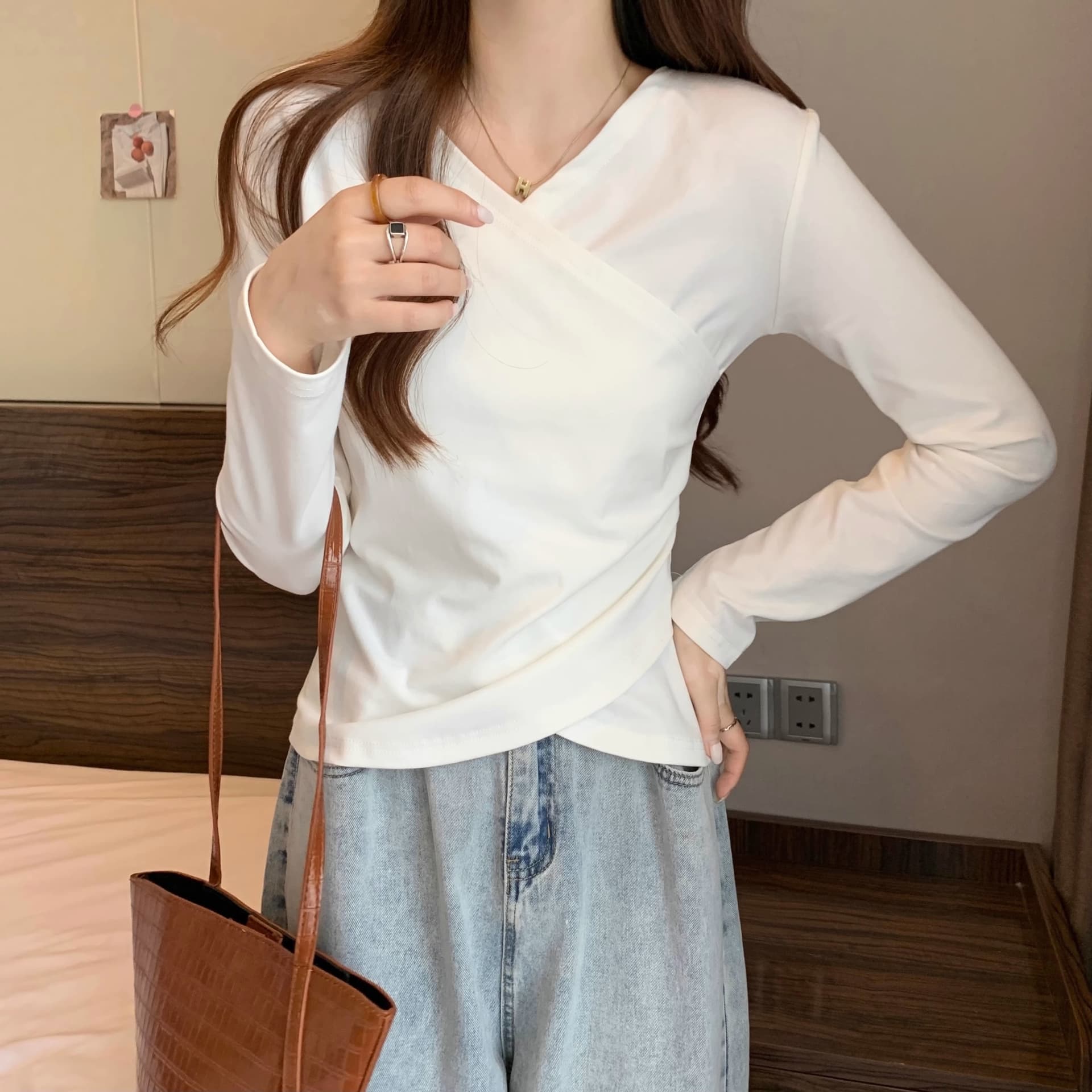 40 92 면 8 암모니아 Lun 210 그램 흔들어서 톤 품질 블랙 표준 빅 사이즈 여성 의류 긴팔 티셔츠 기본 셔츠 여성 봄 가을 ins 상세 이미지 7