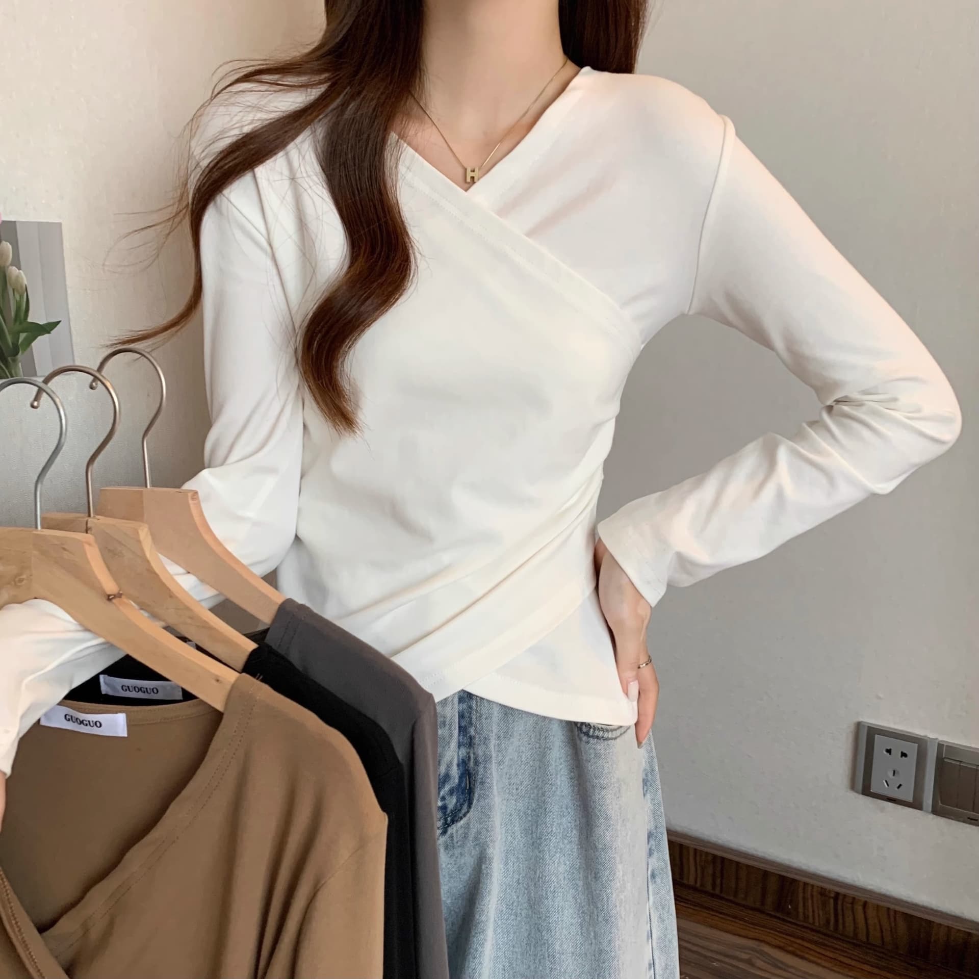 40 92 면 8 암모니아 Lun 210 그램 흔들어서 톤 품질 블랙 표준 빅 사이즈 여성 의류 긴팔 티셔츠 기본 셔츠 여성 봄 가을 ins 상세 이미지 8