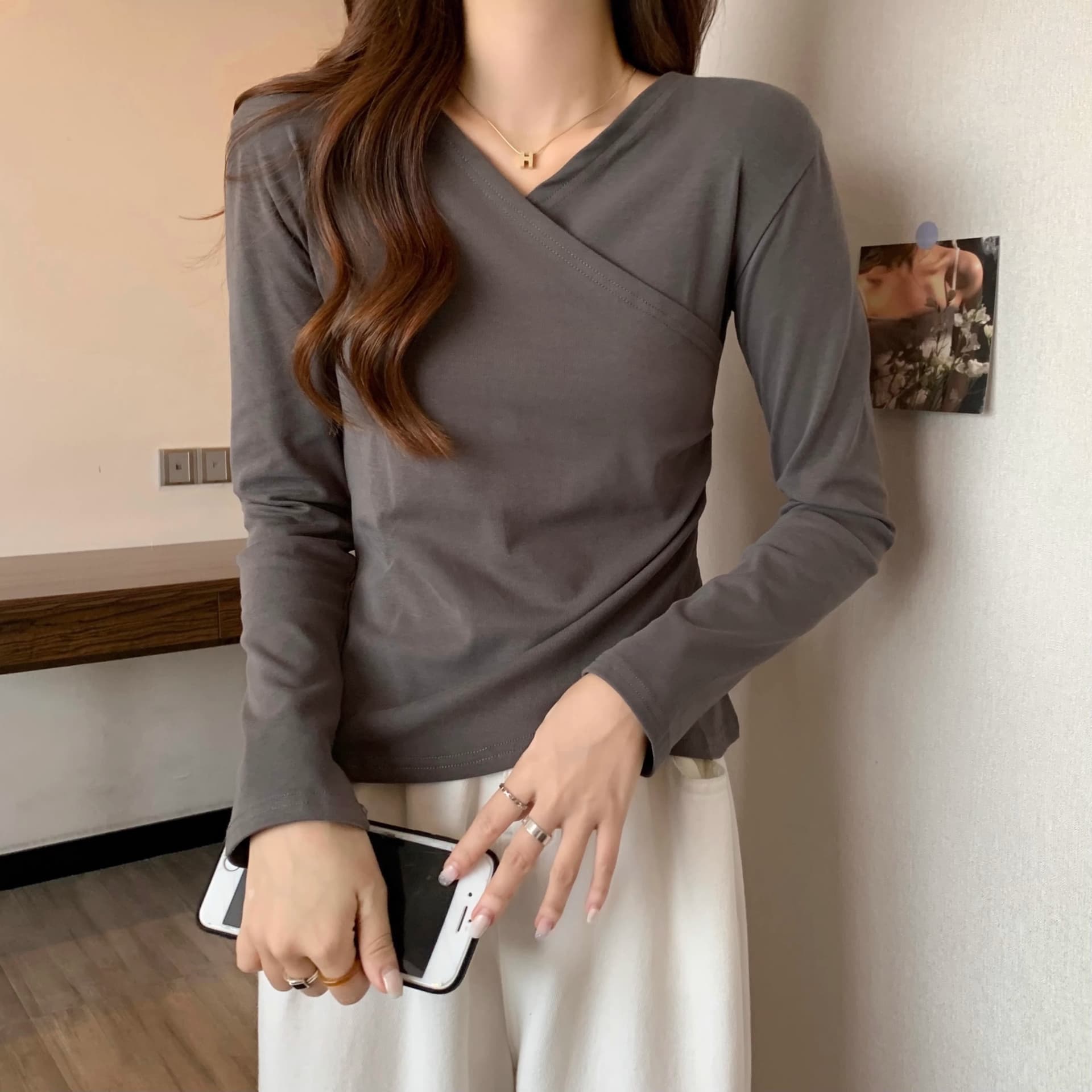 40 92 면 8 암모니아 Lun 210 그램 흔들어서 톤 품질 블랙 표준 빅 사이즈 여성 의류 긴팔 티셔츠 기본 셔츠 여성 봄 가을 ins 상세 이미지 9