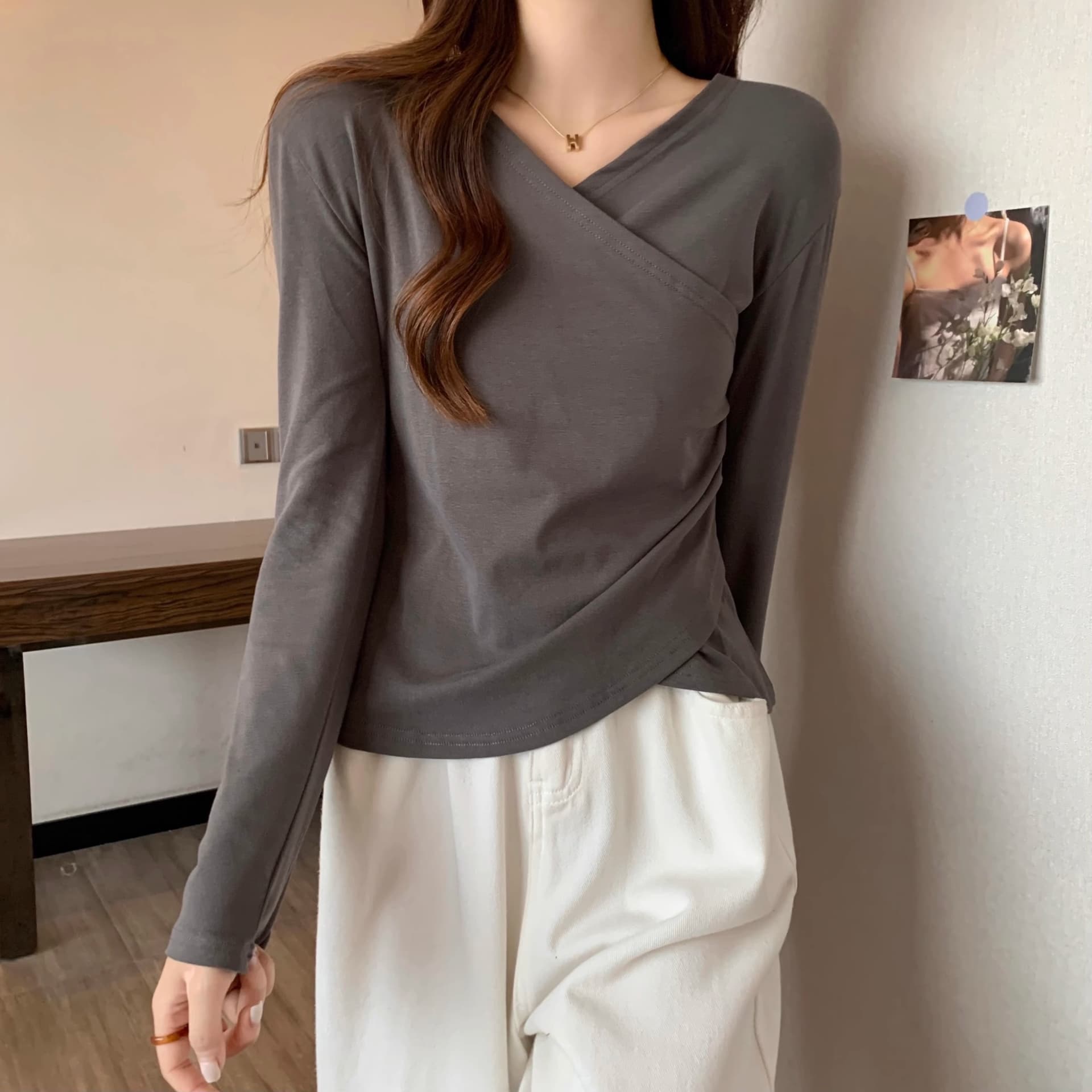 40 92 면 8 암모니아 Lun 210 그램 흔들어서 톤 품질 블랙 표준 빅 사이즈 여성 의류 긴팔 티셔츠 기본 셔츠 여성 봄 가을 ins 상세 이미지 11