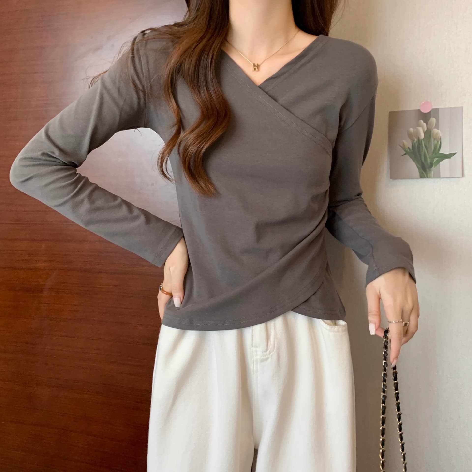 40 92 면 8 암모니아 Lun 210 그램 흔들어서 톤 품질 블랙 표준 빅 사이즈 여성 의류 긴팔 티셔츠 기본 셔츠 여성 봄 가을 ins 상세 이미지 12