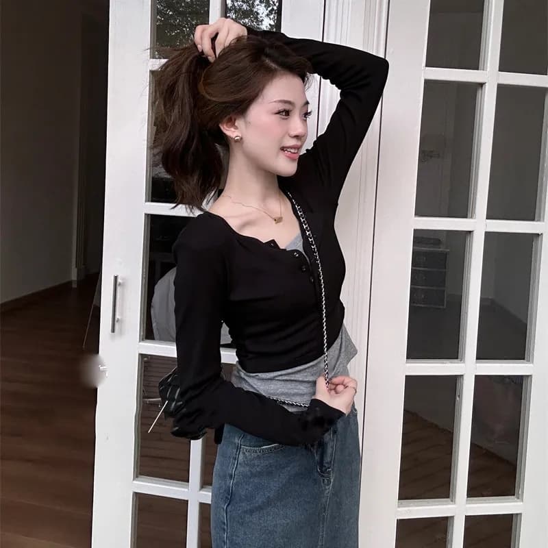40 92 면 8 암모니아 Lun 흔들어서 톤 품질 블랙 표준 빅 사이즈 여성 의류 페이크 레이어드 긴팔 티셔츠 맨위 빅 사이즈 m-4xl 상세 이미지 6