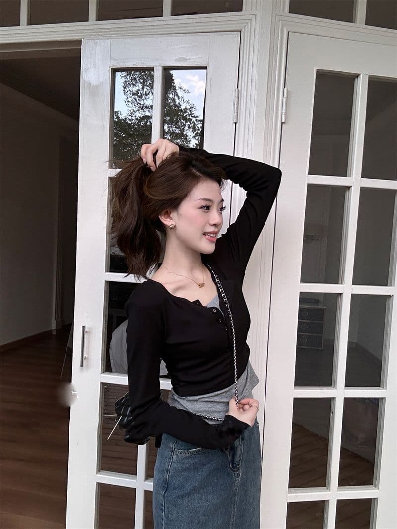 40 92 면 8 암모니아 Lun 흔들어서 톤 품질 블랙 표준 빅 사이즈 여성 의류 페이크 레이어드 긴팔 티셔츠 맨위 빅 사이즈 m-4xl 상세 이미지 9