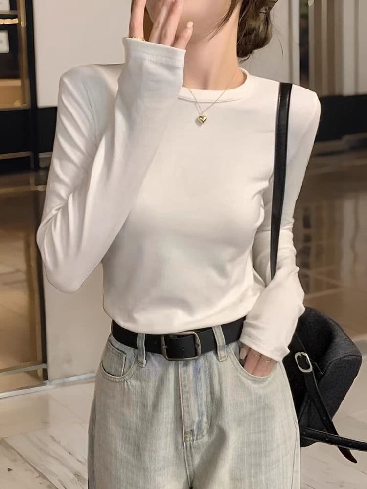 De 플러시 털이 있는 핫걸 긴팔 티셔츠 여성 몸매 가꾸기 슬림해 보이는 인사이드 가져 가라. 기본 셔츠 단색 맨위 빅 사이즈 m-4xl 상세 이미지 2